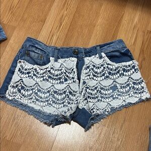 Blue Jean Shorts White Lace Overlay